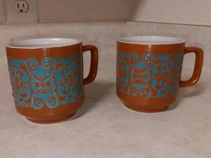 Pair Of Vintage MCM Pottery Stackable Orange and Blue Coffee Tea Mugs 3.25” - Picture 1 of 8