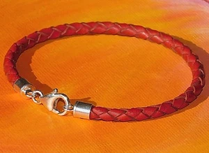 Damen/Herren 4mm Rot Geflochten Leder & Sterling Silber Armband - Lyme Bay Art - Bild 1 von 3