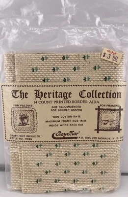 Raymar Aida Fabric Heritage Collection Oatmeal Green Leaf Print 14 Count 15”X15” - Image 1 of 2
