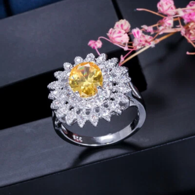 Anillo de compromiso amarillo para mujer circonita cúbica corte redondo plateado talla banda joyería regalo Foto 1 de 4