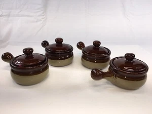 Set (4) Brown Tan Glazed Stoneware French Onion Chili Soup Crock w/Handle & Lids - Picture 1 of 11