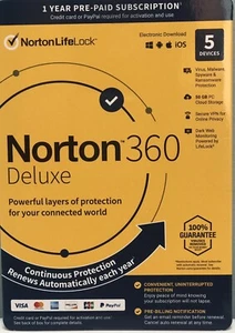 NORTON 360 DELUXE 2024 ANTIVIRUS/INTERNET SECURITY 5 DEVICES - 1 YEAR PRE-PAID - Picture 1 of 2