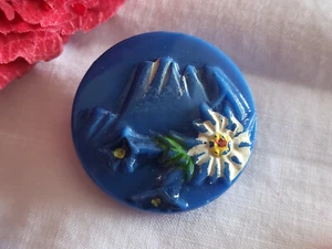 Bouton ancien en verre bleu peint montagne fleur edelweiss 2,3 cm D5S - Bild 1 von 5
