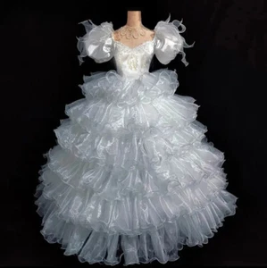 Vintage Princess Wedding Dresses Sweetheart Beading Flower Ruffles Short Sleeve - Picture 1 of 5