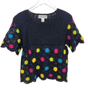 Vtg 80s Victoria Harbour Size Medium Crochet Polka Dot Short Sleeve Top Black - Picture 1 of 9