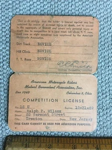 1949 AMA American Motorcycle Riders licencia de competencia Mutual Benevolent Assoc - Imagen 1 de 3