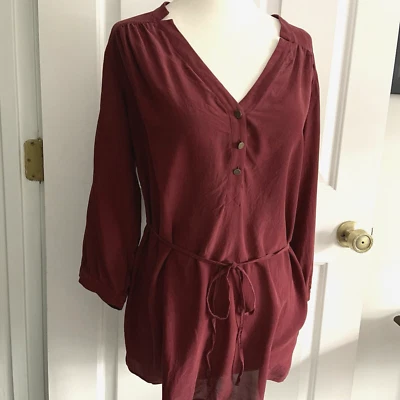 A Pea In The Pod SILK Maternity Size Small Burgundy Red 3/4 Sleeve Top belted - Image 1 of 4