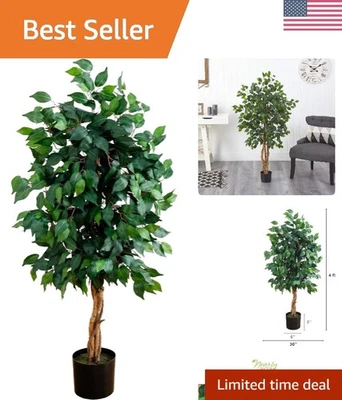Majestuoso árbol de ficus artificial triple tronco de 4 pies en maceta negra para elegancia interior Foto 1 de 4
