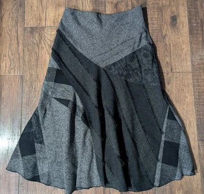 Coldwater Creek Shades Of Gray Fit & Flare Patchwork Midi Skirt Size PS Raw Hem - Image 1 of 4