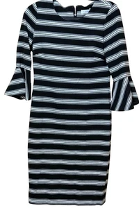 Calvin Klein Striped Bell Sleeve Dress Women’s 6 Black White Stretch Work Event - Picture 1 of 11
