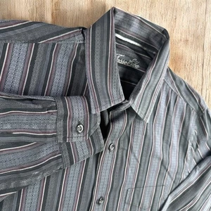 Tasso Elba Shirt Men L Striped Dress Casual Work Resort 100% Cotton Gray 16-16.5 - Picture 1 of 9