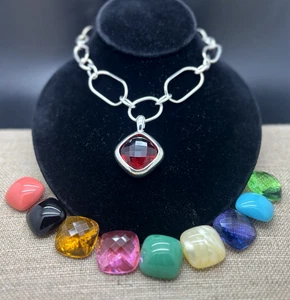 Joan Rivers 10 INTERCHANGEABLE CHECKERBOARD PENDANT NECKLACE SILVER TONE NIB - Picture 1 of 14