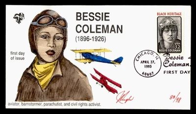 DR WHO 1995 FDC AVIATION BESSIE COLEMAN PUGH HAND COLORED CACHET M60218 - Image 1 of 2