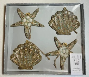 34. & Kiefer Weihnachtsschmuck (4) Seestern Muscheln Perlen Türkis Gold Neu im Karton - Bild 1 von 5