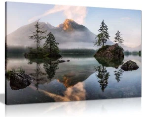 Mountain Reflection on a Lake Landscape Framed Canvas Print Wall Art Home Decor - Picture 1 of 6
