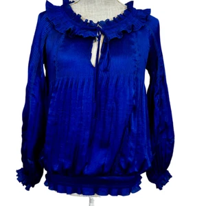 Diane von Furstenberg Royal Blue Accordion Pleated Ruffle Blouse Sz 4 - Picture 1 of 12