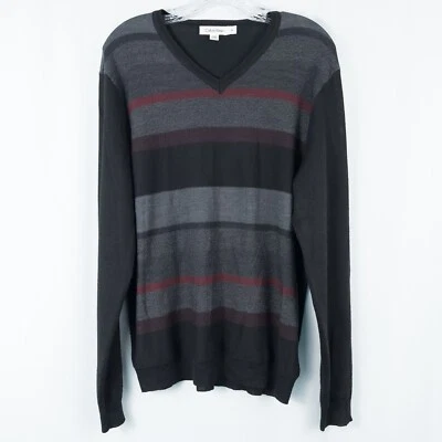 Calvin Klein Merino Wool Acrylic Striped V Neck Sweater Mens Medium Black Multi - Image 1 of 4