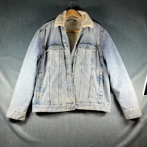 H&M Womens Trucker Jacket Size L Blue Denim Sherpa Lined Long Sleeve Pockets - Picture 1 of 17