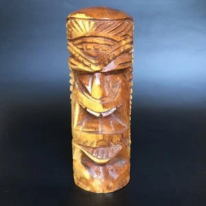 Hand Carved Two Tone Wood Pillar Tiki Warrior Statue 8.5" x 3" - Picture 1 of 7