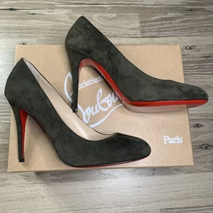 Christian Louboutin Fifi100 Chamois Olive Red Bottom Pumps Size 37 Women 7 100mm - Picture 1 of 11