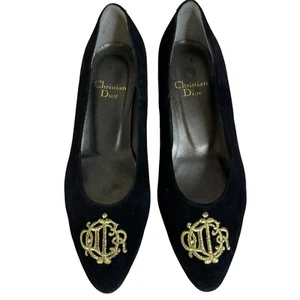 Vintage Dior Pump Wedge Heel Embroidered Logo Gold Black US 4.5 EU 35 Velvet - Picture 1 of 14