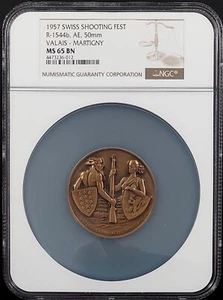 1957 Swiss Shooting Medal, R-1544b, AE, 50 mm, Valais-Martigny, NGC MS 65 BN! - Picture 1 of 6