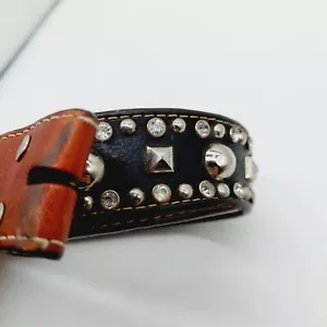 Rhinestones Studded Belt Brown Leather Size 32 NO Buckle - Picture 1 of 7