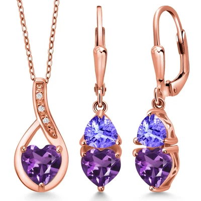 Juego de pendientes colgantes de amatista y tanzanita enchapados en oro rosa de 18 quilates para Foto 1 de 4