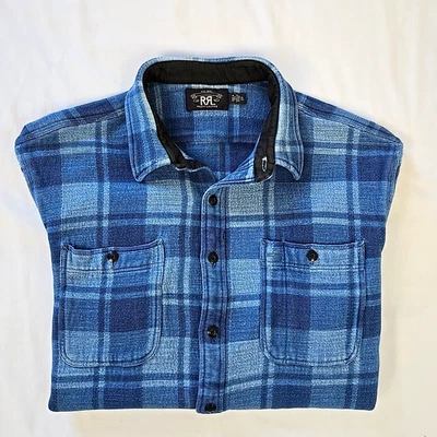 Ralph Lauren RRL Double RL Indigo Plaid Woven Flannel Work Over Shirt Men's XL - Image 1 of 4