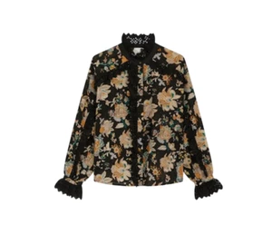 Leon & Harper Cathal Mahat Shirt Blouse Top Womens Medium Black Floral Cotton - Picture 1 of 12