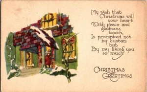 Vintage Christmas Greetings Postcard House With Wreaths In Window & Child - Picture 1 of 1