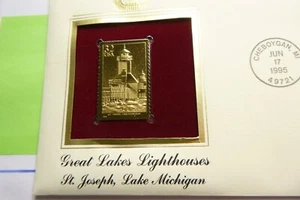ST. JOSEPH LIGHTHOUSE LAKE MICHIGAN 1995 1ST DAY USPS 22KT GOLD STAMP SET BOX 3 - Picture 1 of 4