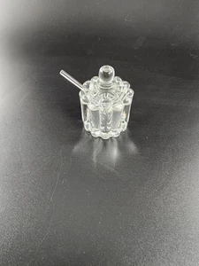 Glass lidded Salt Cellar Condiment Jar Scalloped w/Spoon Caviar Mustard Vtg - Picture 1 of 11
