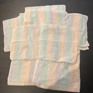 7 Pc Vintage Towels set FIELDCREST MCM pastel stripes Bath wash cloth Finger NEW - Picture 1 of 16