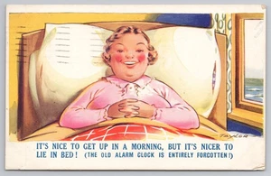 Old Alarm Clock Entirely Forgotten Lady in Bed Humor by Taylor c1938 Postcard - Picture 1 of 2
