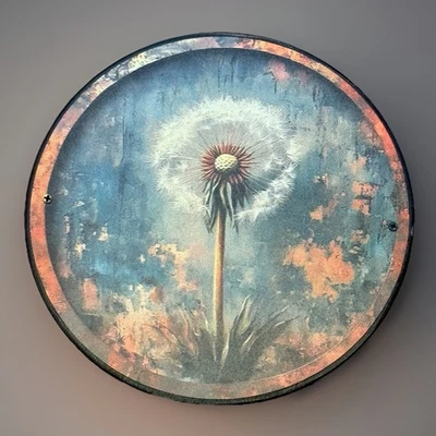 Arte de pared redondo de diente de león de aspecto vintage montado en madera listo para colgar Foto 1 de 4