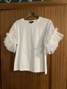 Pink Vanilla White T Shirt With Frill Sleeves Size S, - Picture 1 of 3