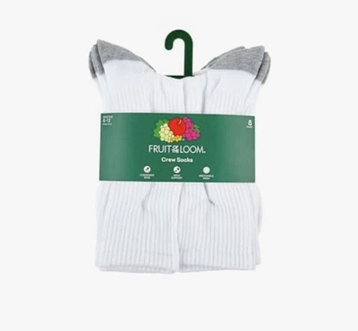 Meias masculinas Fruit of the Loom Crew, 8 pares multipack, brancas com salto cinza - Imagem 1 de 4