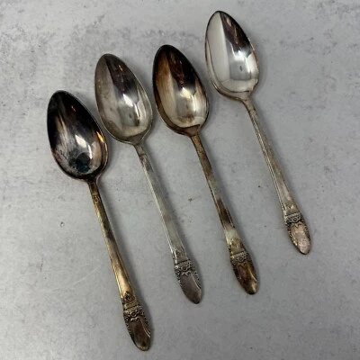 Antiguo First Love Plateado 7 3/8" Lugar/Cuchara Sopa Ovalada (1937) Juego de 4 Foto 1 de 3