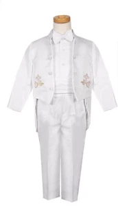 Boys baptism outfit white tuxedo set with special gold embroidery Monk Collar - Picture 1 of 2