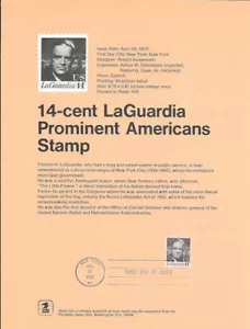 #7203 14c LaGuardia Briefmarke #1397 Souvenirseite mit Pfarrer Wasserzeichen - Bild 1 von 1