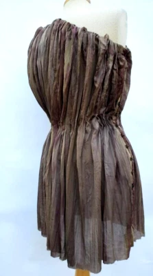 LANVIN Vestido Corto Seda Marrón Tostado Beige Marrón Gris Rayas Teñido 2 4 6 Pequeño Negro Foto 1 de 4