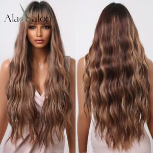 ALAN EATON Long Water Wave Ombre Dark Brown Wigs for Black Women Afro Cosplay