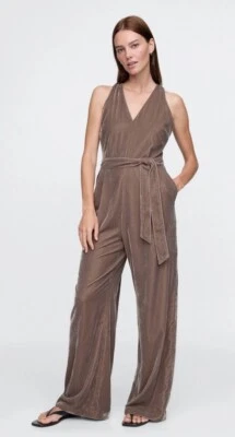 NWT Gap Velour Sleeveless Jumpsuit Belted Petite Medium Plymouth Brown $118 - Image 1 of 4
