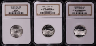 2005-P&S SMS, Clad, & Silver West Virginia State Quarter NGC MS-67 & PF-69/70 UC - Image 1 of 2