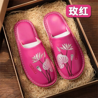 Zapatillas de cuero para mujer hechas a mano cómodas para interiores zapatos sin cordones para el hogar Foto 1 de 4