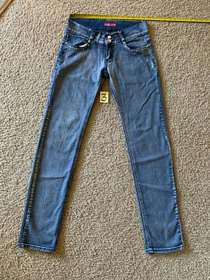 Pantalones de mezclilla rectos City Ink para mujer talla 5 azules tiro bajo 5 bolsillos con cruz, decoración brillante Foto 1 de 4