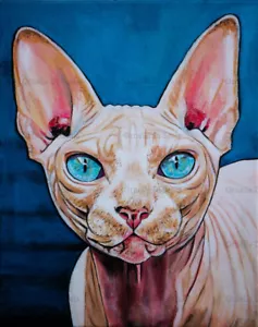 Ritratto di gatto Sphynx acrilico su tela opera d'arte originale - Foto 1 di 5