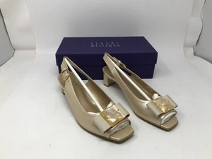 Stuart Weitzman Women's Tan Patent Open Toe Lunchclub 1.5" Pumps Size W8.0 - Picture 1 of 11