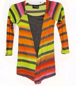 BTween Girls Striped Hi Lo Asymmetric Tie Waist Cardigan Layered Gray Undershirt - Picture 1 of 4